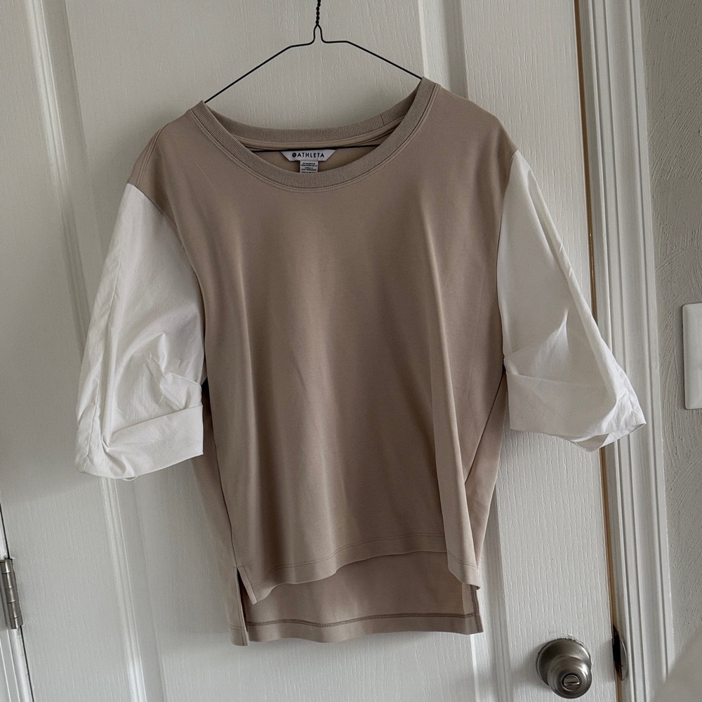 Athleta Tan and White Short Sleeve Tee